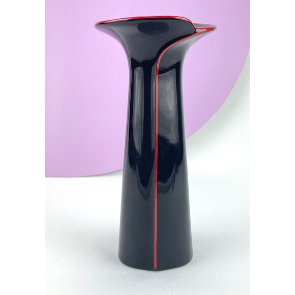 Vintage 80s minimalist vase, Toyo Algar Art Deco Revival, black red ceramic - Picture 5 of 10